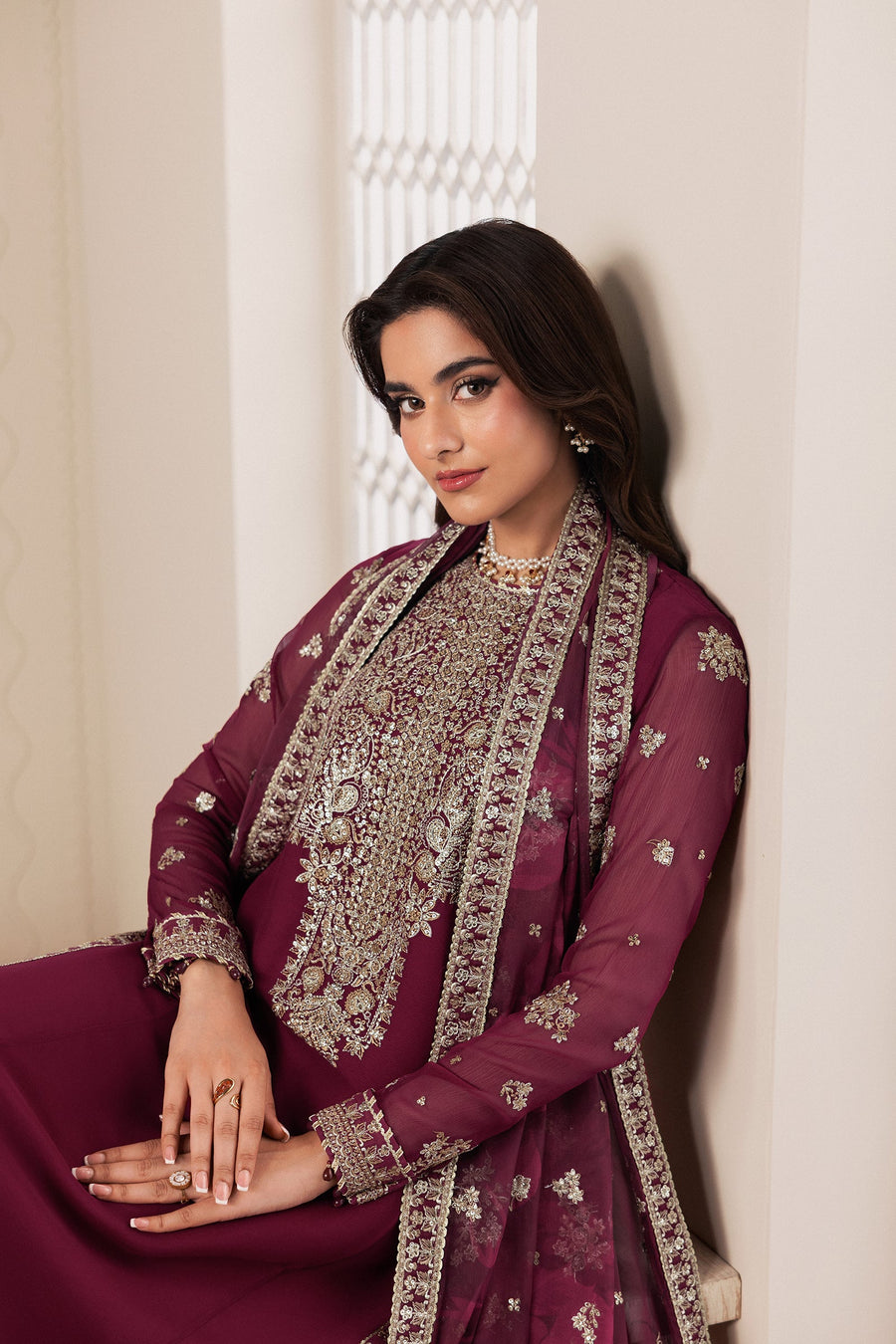 Plum Sequins Embroidered Chiffon Sharara Suit with Chiffon Dupatta