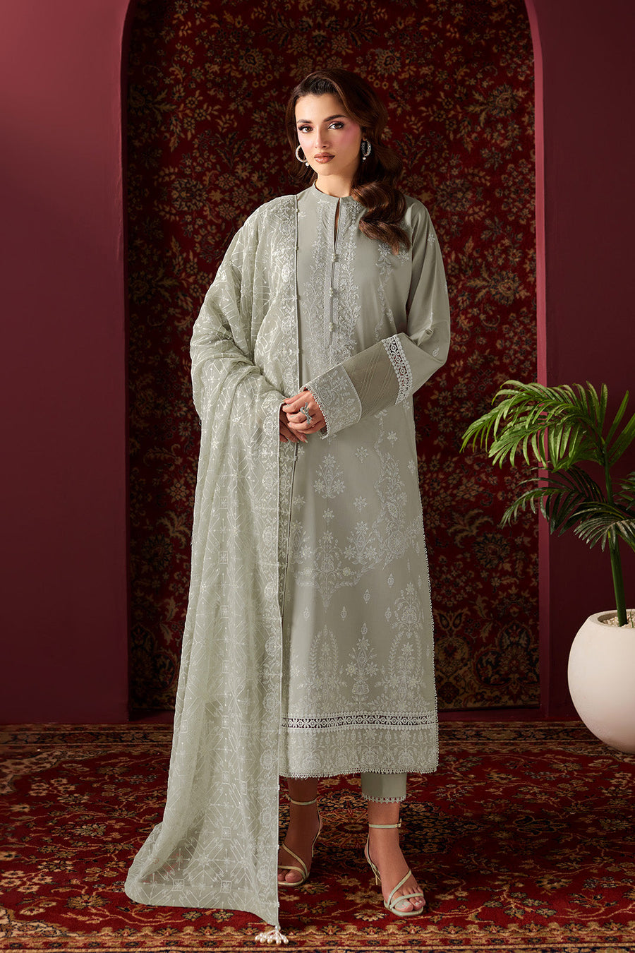 Sage Harmony – Embroidered Taupe Grey Lawn 3-Piece Festive Suit - Pehnaawaa