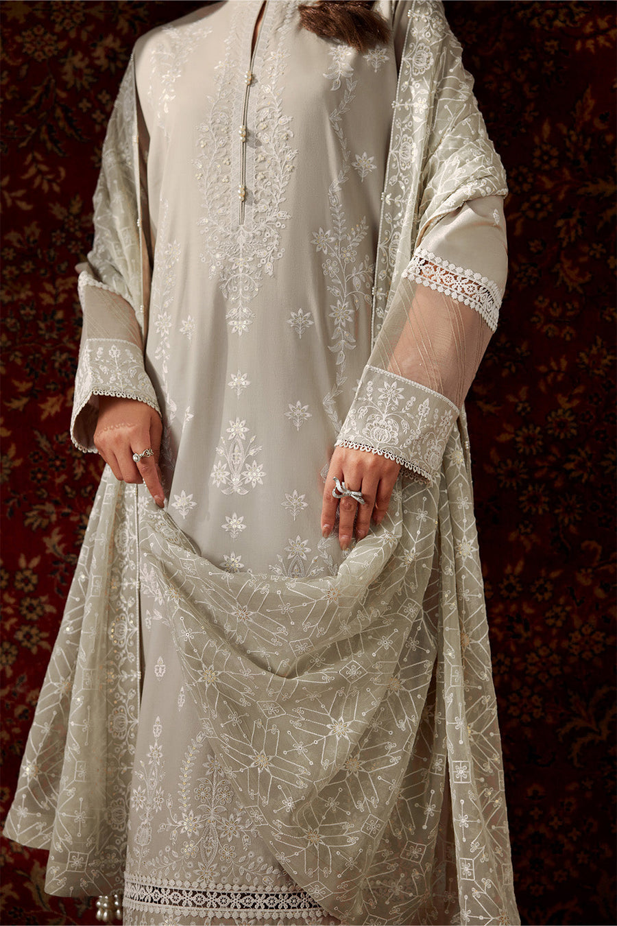 Sage Harmony – Embroidered Taupe Grey Lawn 3-Piece Festive Suit - Pehnaawaa