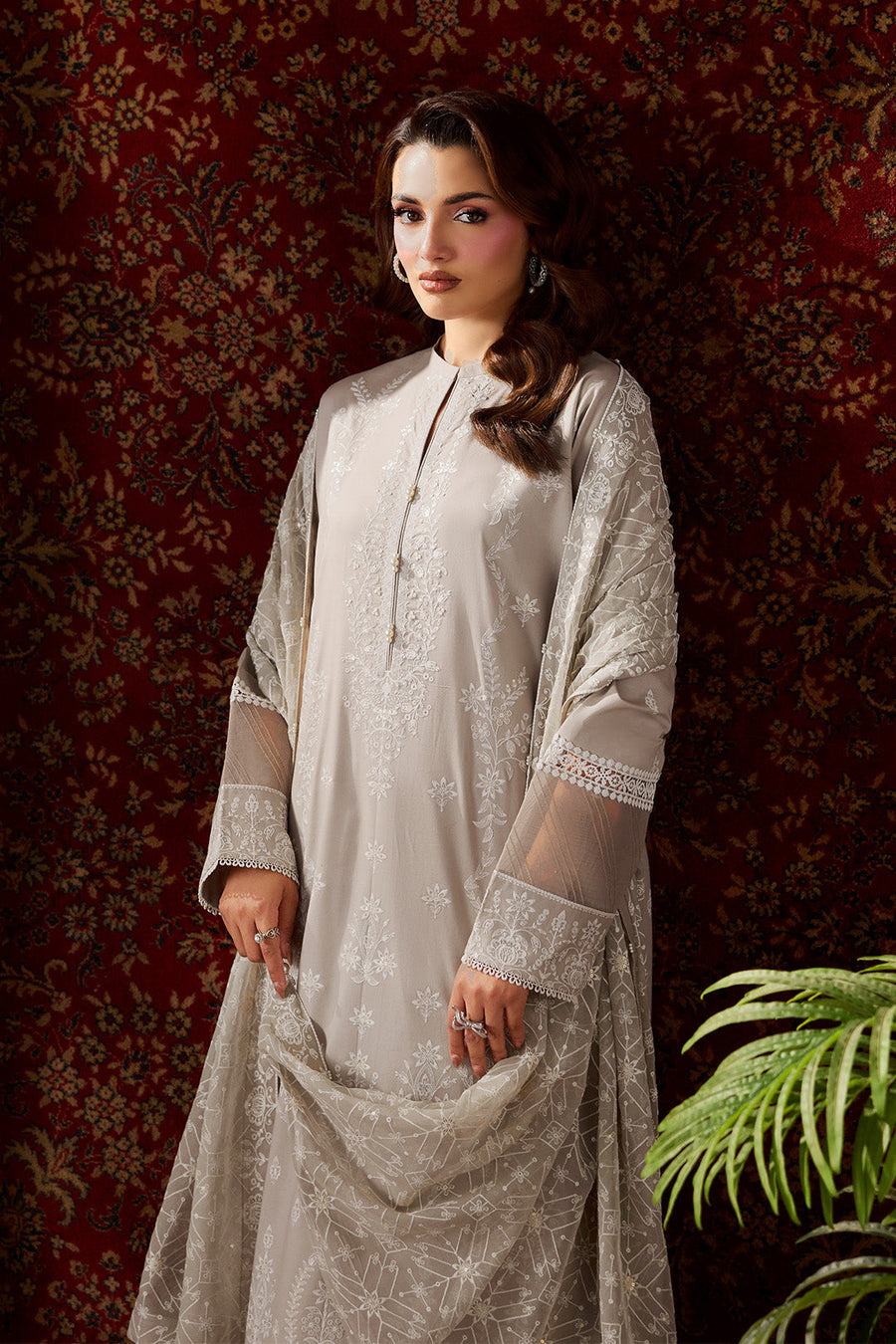 Sage Harmony – Embroidered Taupe Grey Lawn 3-Piece Festive Suit - Pehnaawaa