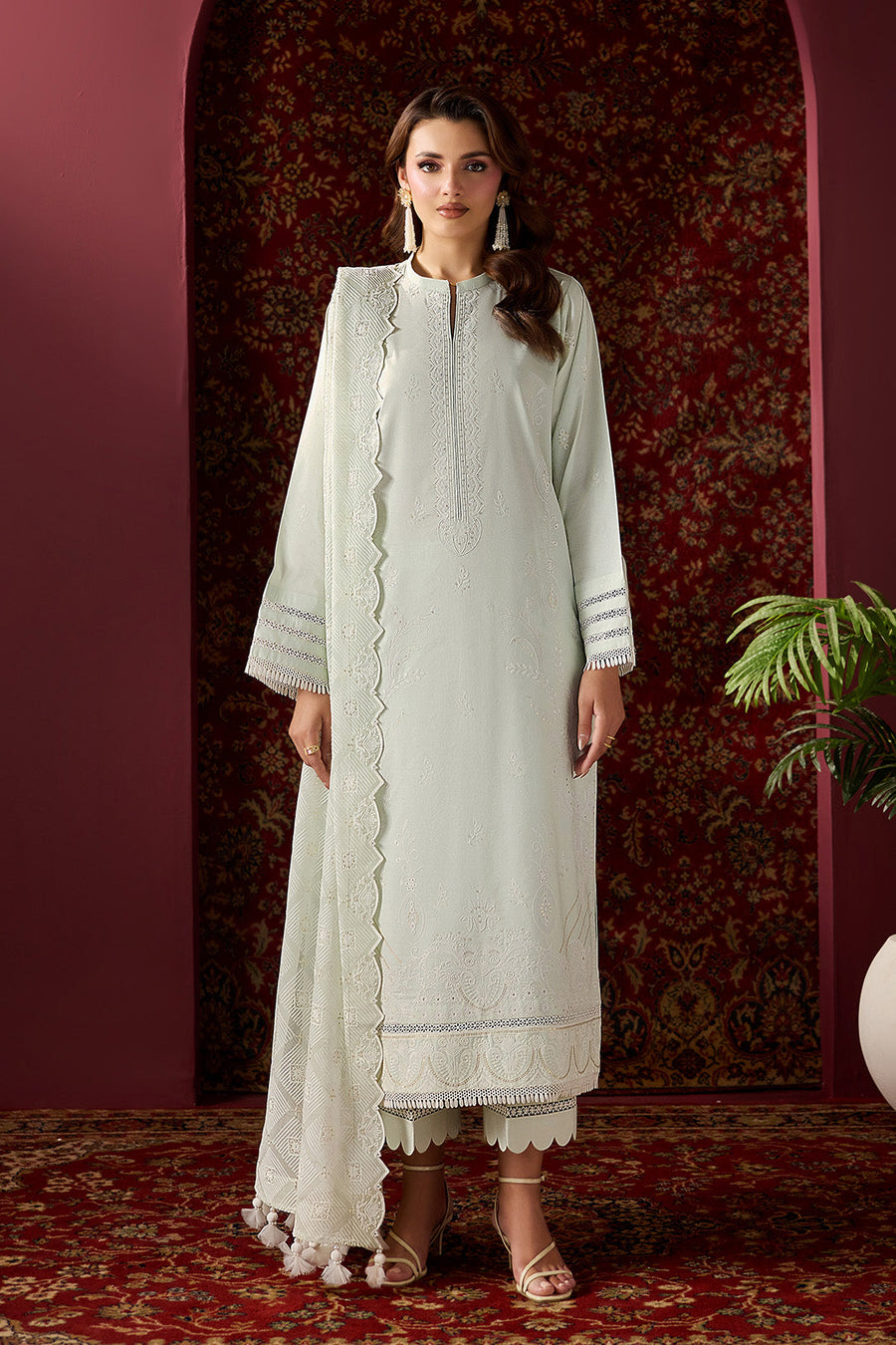 Mint Serenade – Embroidered Ice Green Lawn 3-Piece Festive Suit - Pehnaawaa
