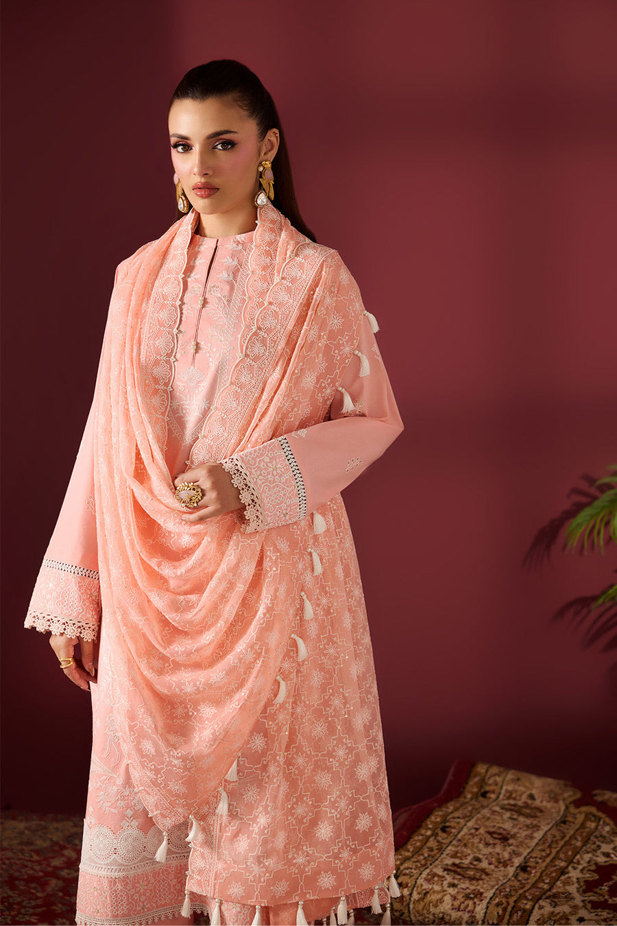 Close-up of woman holding embroidered chiffon dupatta with tassels