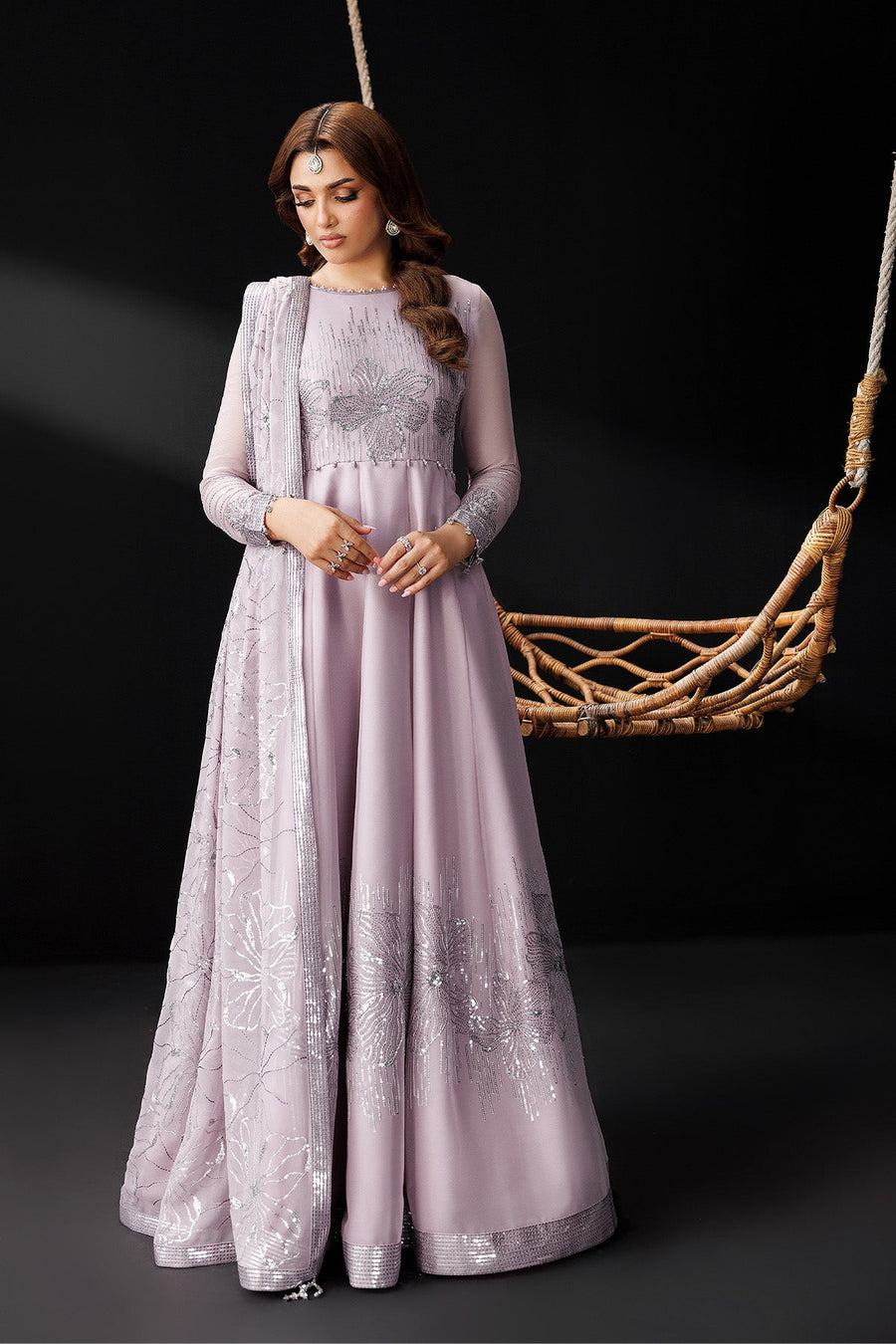 Lavender maxi dress with embroidered dupatta draped over shoulder