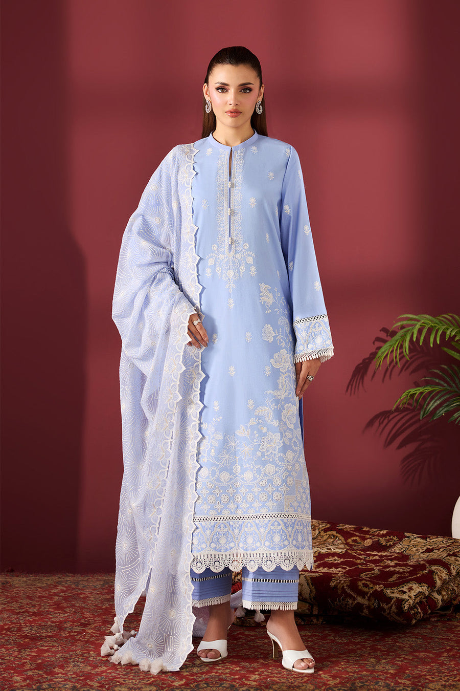 Sky Serenade – Embroidered Periwinkle Blue Lawn 3-Piece Festive Suit - Pehnaawaa