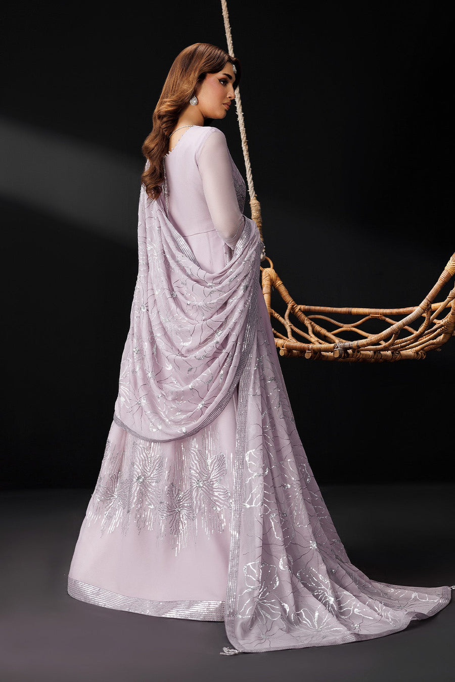 Back view of lavender embroidered maxi dress with draped dupatta