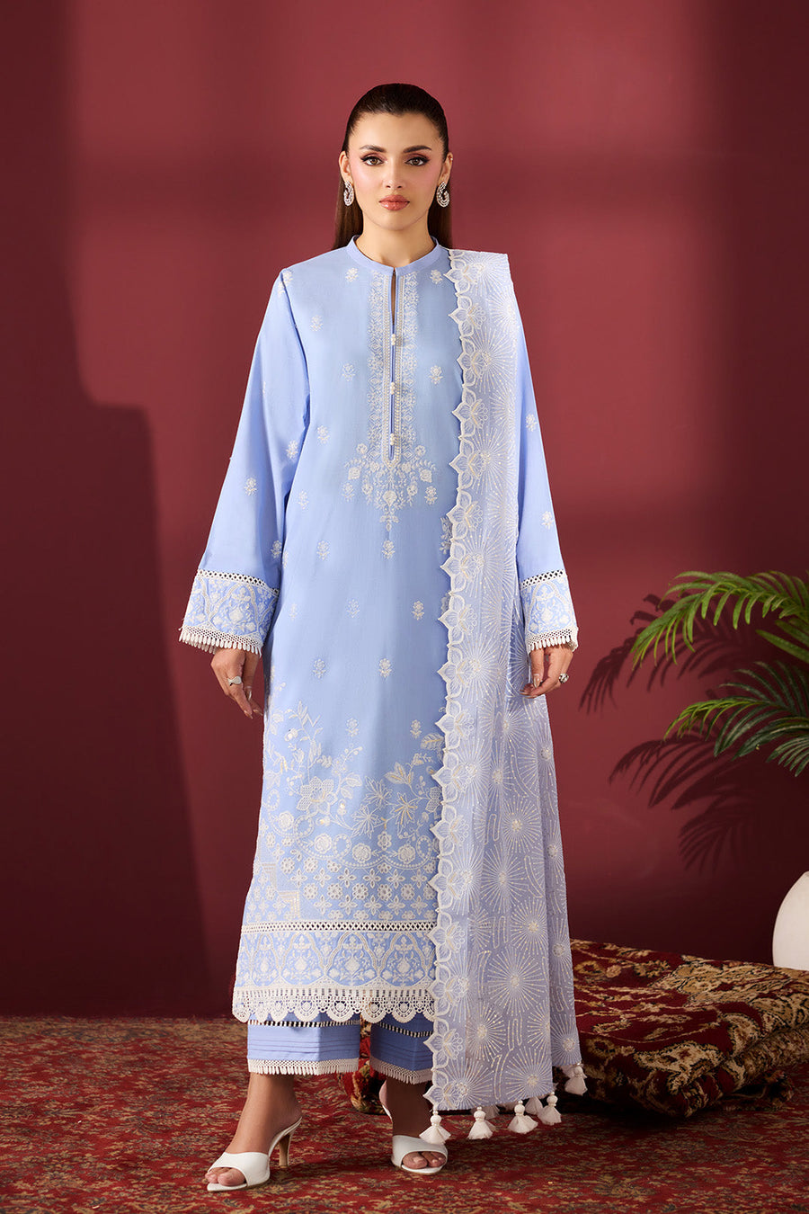 Sky Serenade – Embroidered Periwinkle Blue Lawn 3-Piece Festive Suit - Pehnaawaa
