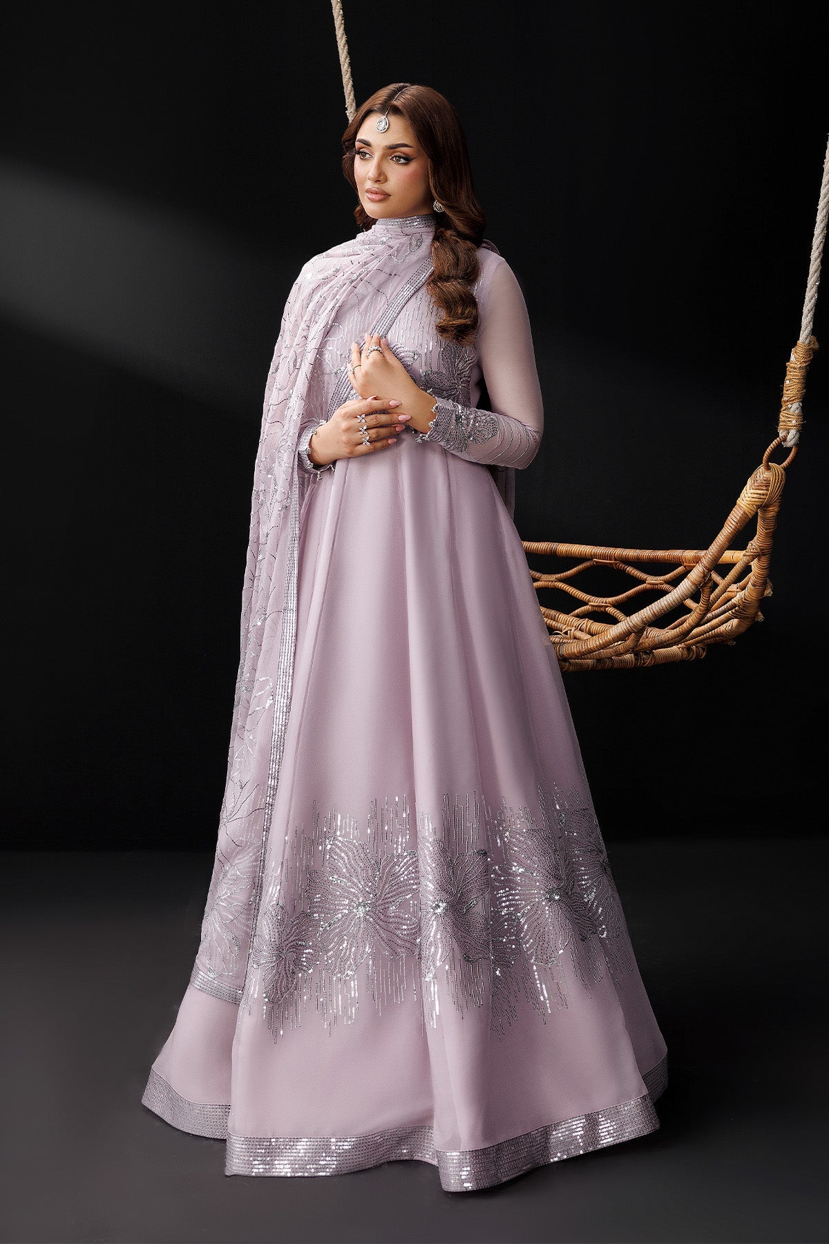 Lavender Glace – Embroidered Lilac Chiffon Luxury Flared Anarkali 3-Piece Suit