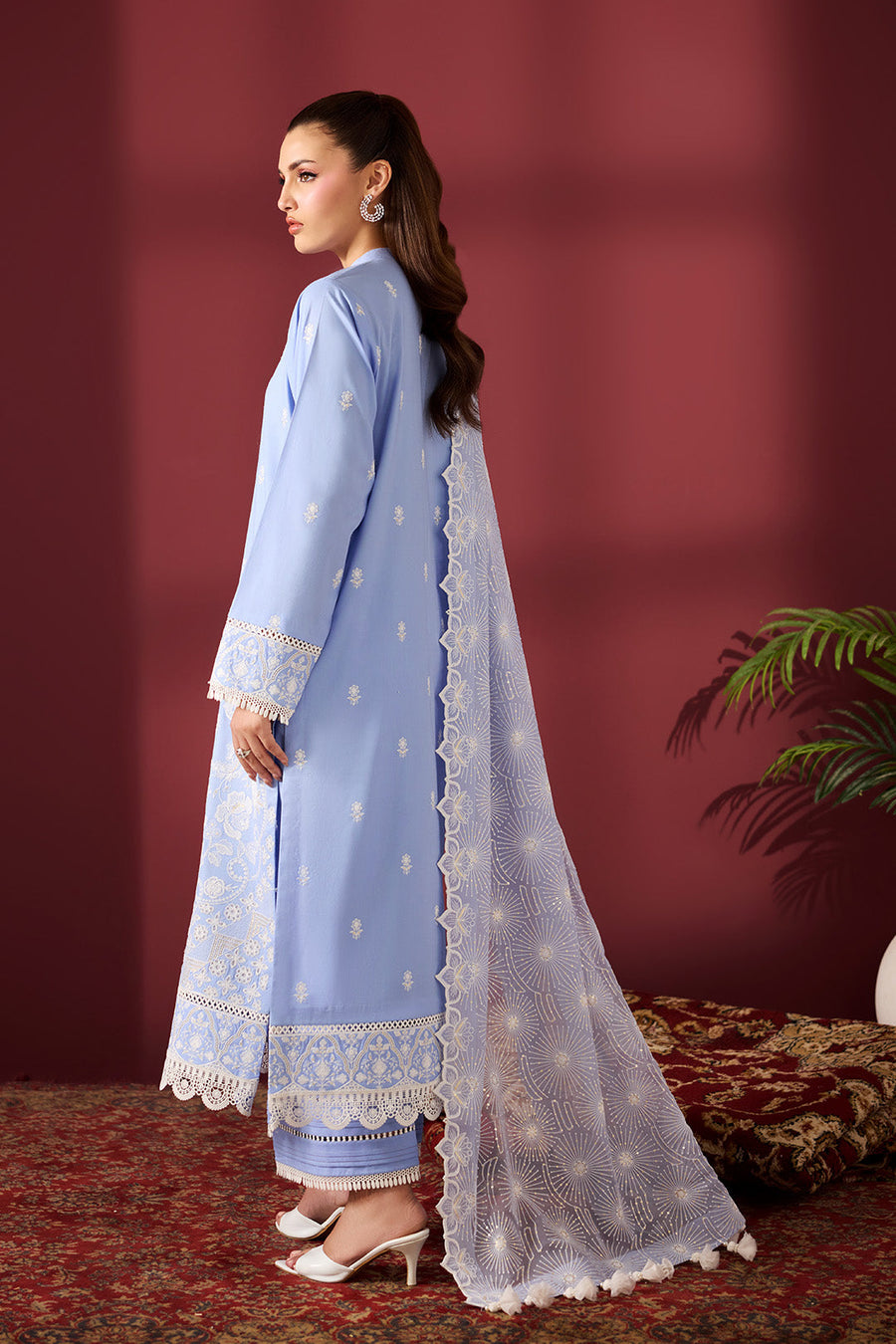 Sky Serenade – Embroidered Periwinkle Blue Lawn 3-Piece Festive Suit - Pehnaawaa