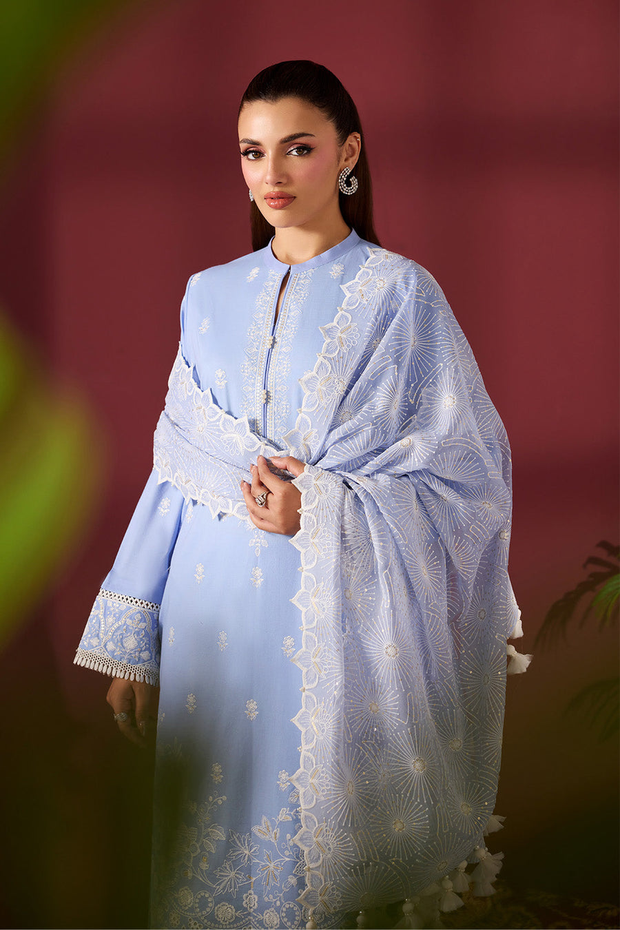 Sky Serenade – Embroidered Periwinkle Blue Lawn 3-Piece Festive Suit - Pehnaawaa