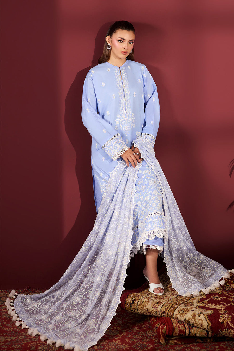 Sky Serenade – Embroidered Periwinkle Blue Lawn 3-Piece Festive Suit - Pehnaawaa