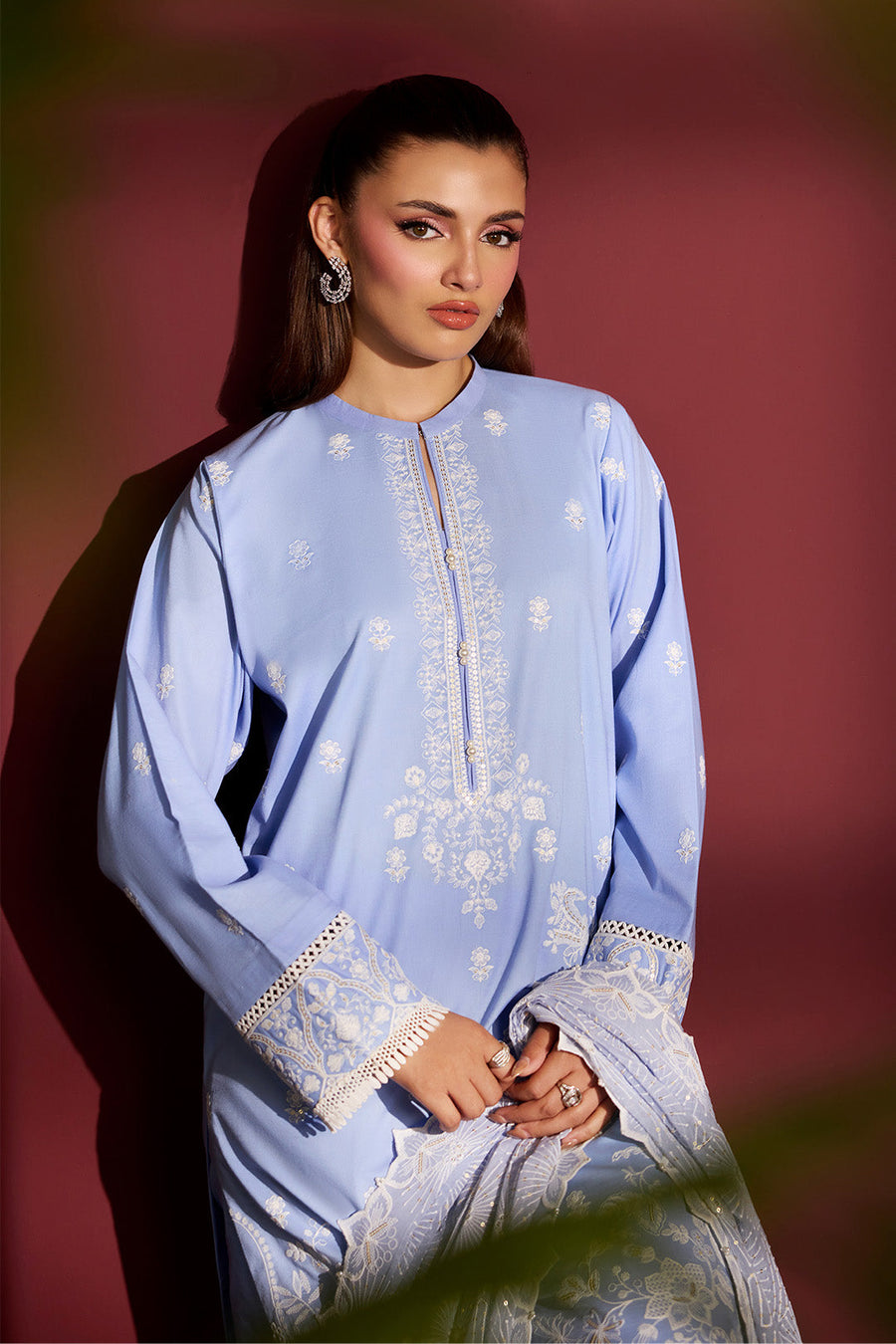 Sky Serenade – Embroidered Periwinkle Blue Lawn 3-Piece Festive Suit - Pehnaawaa
