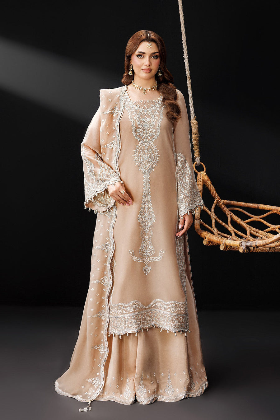 Full front view of the complete outfit including the embroidered kameez, wide trousers, and dupatta