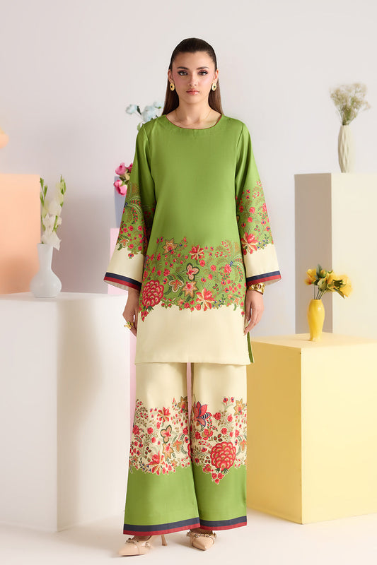 Green Floral Printed Poly Lawn Co-Ord Set with Wide-Leg Trousers