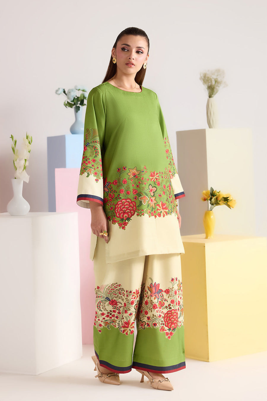 Green Floral Printed Poly Lawn Co-Ord Set with Wide-Leg Trousers