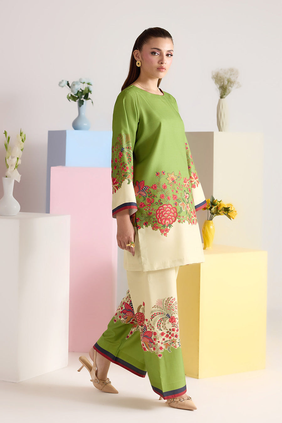 Green Floral Printed Poly Lawn Co-Ord Set with Wide-Leg Trousers