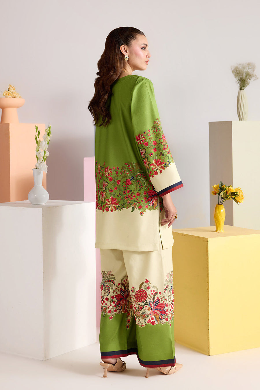 Green Floral Printed Poly Lawn Co-Ord Set with Wide-Leg Trousers