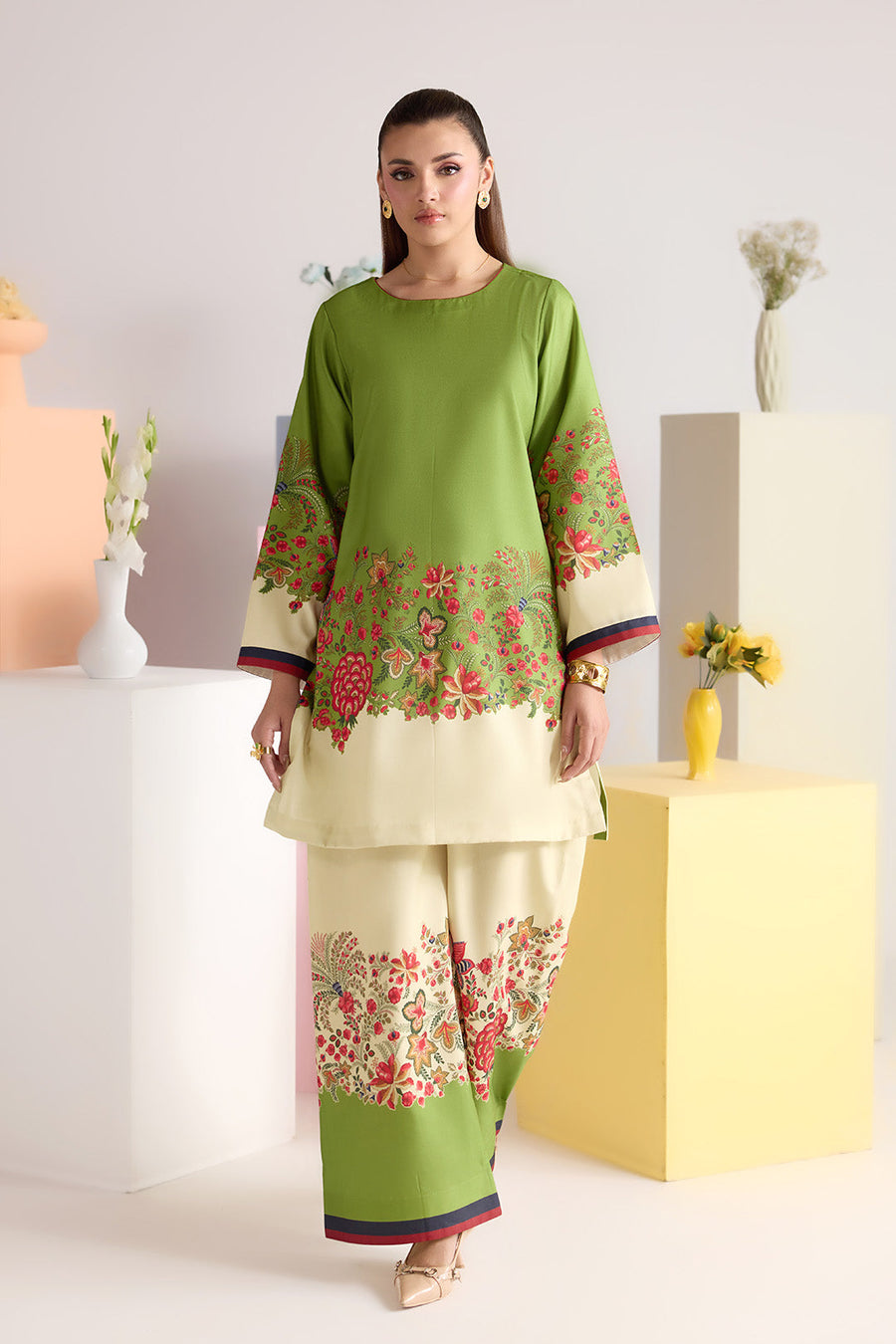 Green Floral Printed Poly Lawn Co-Ord Set with Wide-Leg Trousers