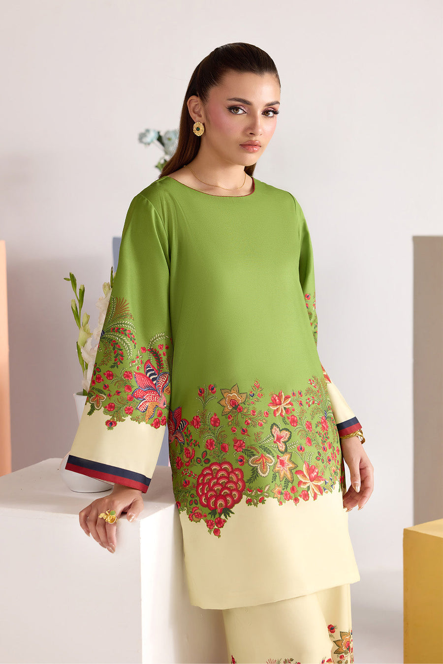 Green Floral Printed Poly Lawn Co-Ord Set with Wide-Leg Trousers
