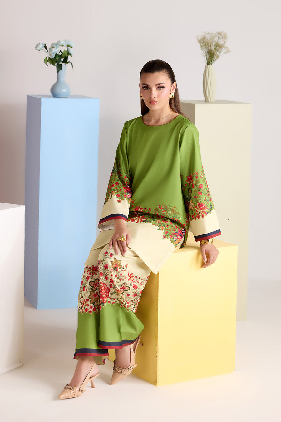 Green Floral Printed Poly Lawn Co-Ord Set with Wide-Leg Trousers