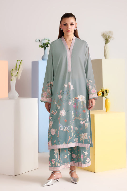 Sage Green Floral Printed Poly Lawn Co-Ord Set with Wide-Leg Trousers