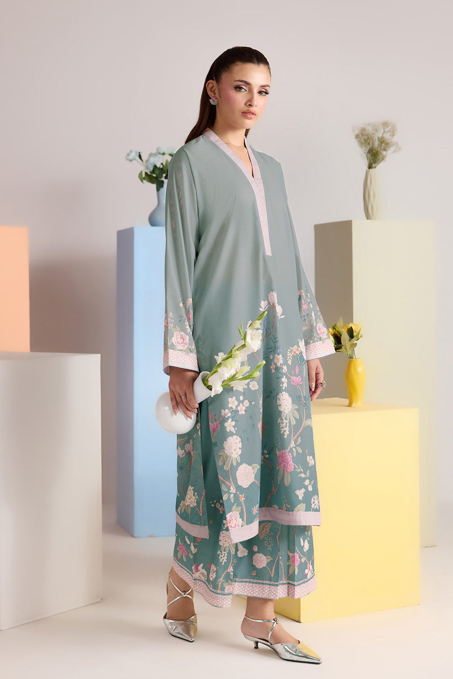 Sage Green Floral Printed Poly Lawn Co-Ord Set with Wide-Leg Trousers