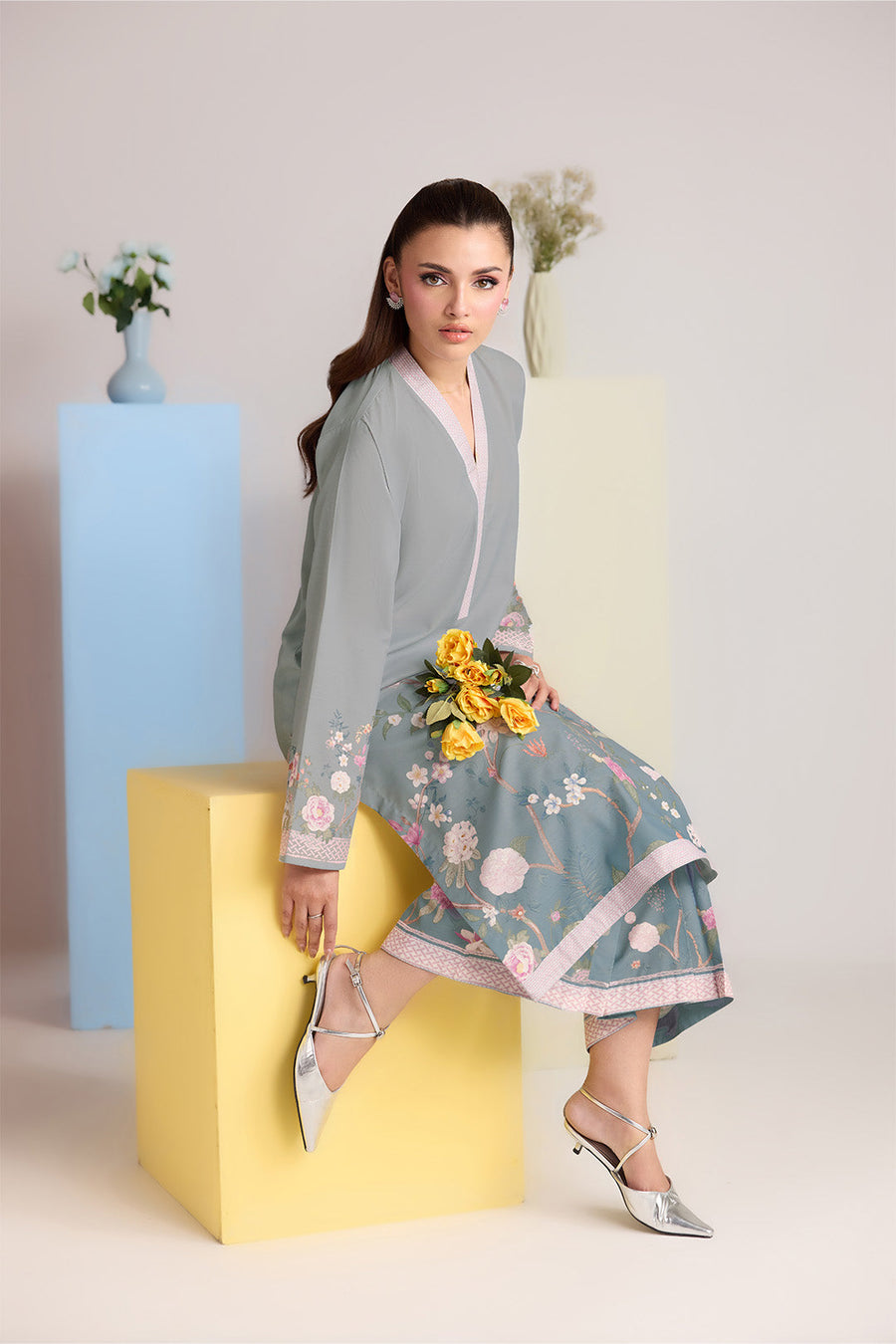 Sage Green Floral Printed Poly Lawn Co-Ord Set with Wide-Leg Trousers