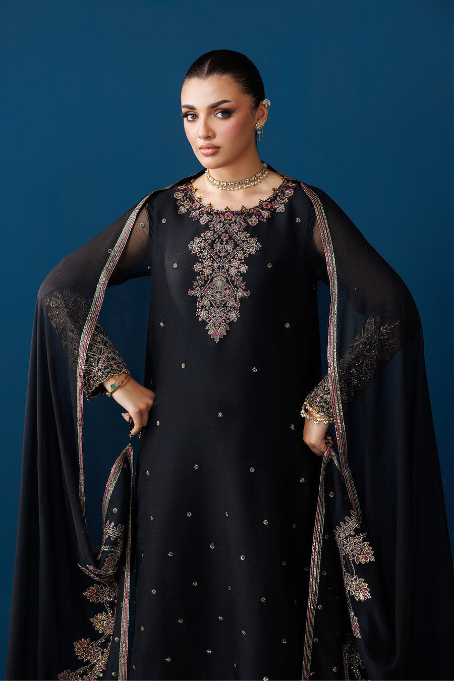 Model holding dupatta with detailed floral embroidery showcasing design and embellishments
