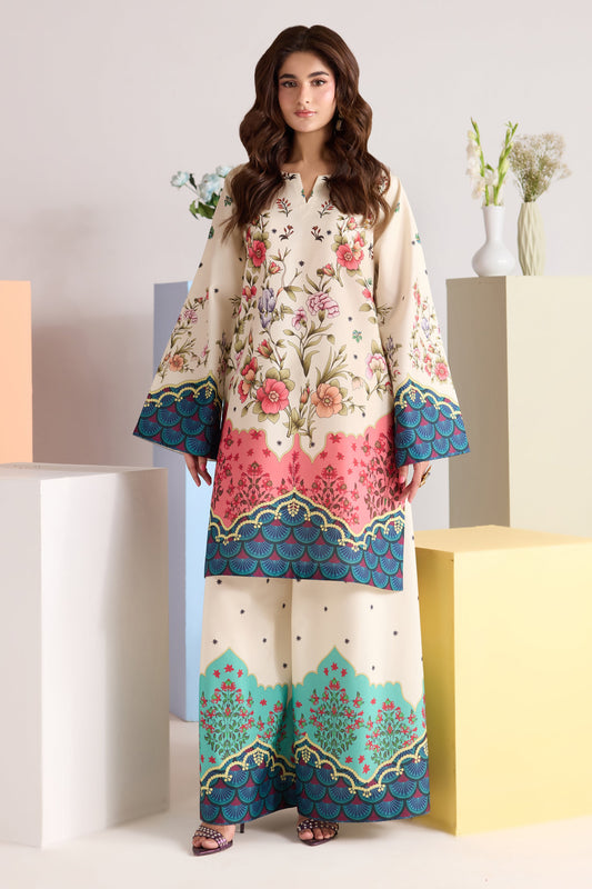 Ivory Multicolour Floral Printed Poly Lawn Co-Ord Set with Wide-Leg Trousers