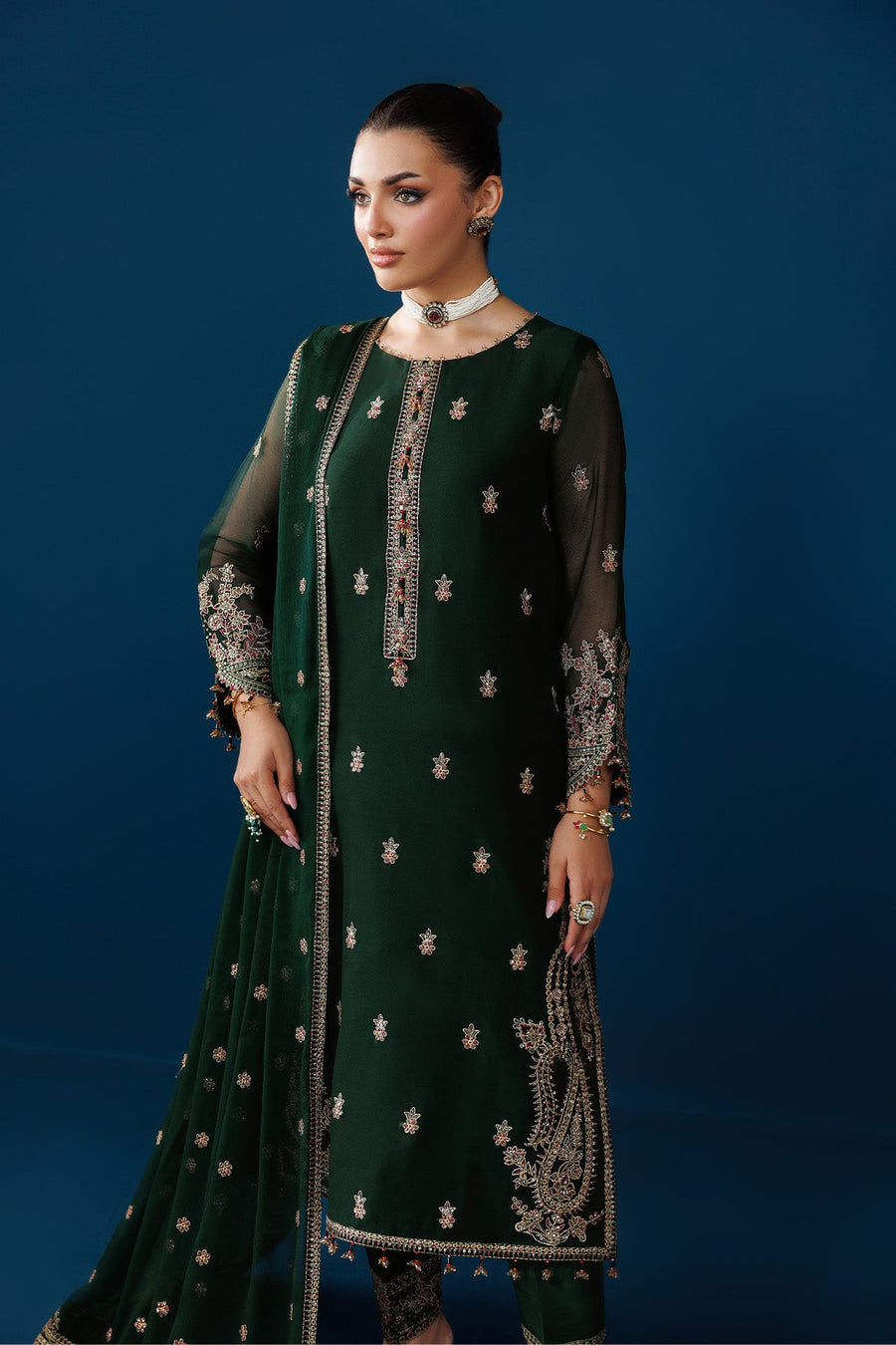 Close-up front view showcasing intricate embroidery on chest and sleeves