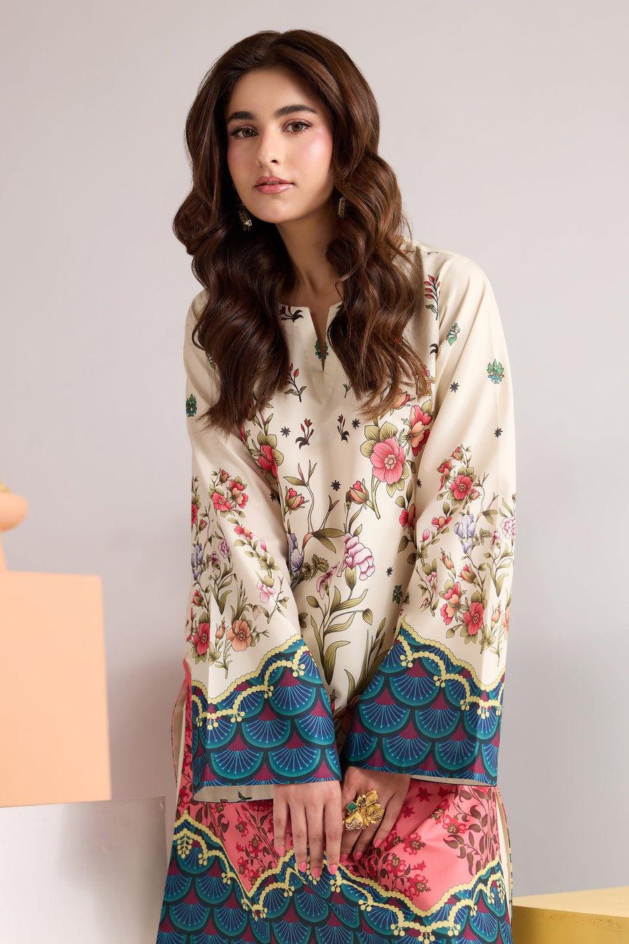 Ivory Multicolour Floral Printed Poly Lawn Co-Ord Set with Wide-Leg Trousers