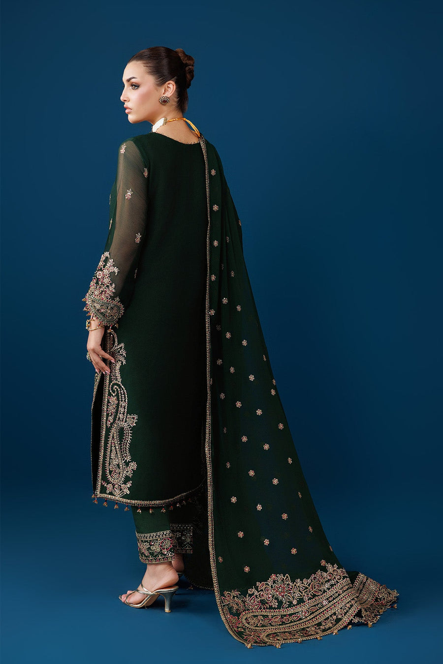 Back view showing embroidered details on sleeves and dupatta border