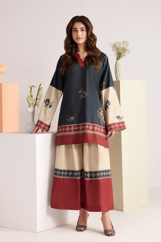 Black and Beige Printed Lawn Co-Ord Set with Wide-Leg Trousers