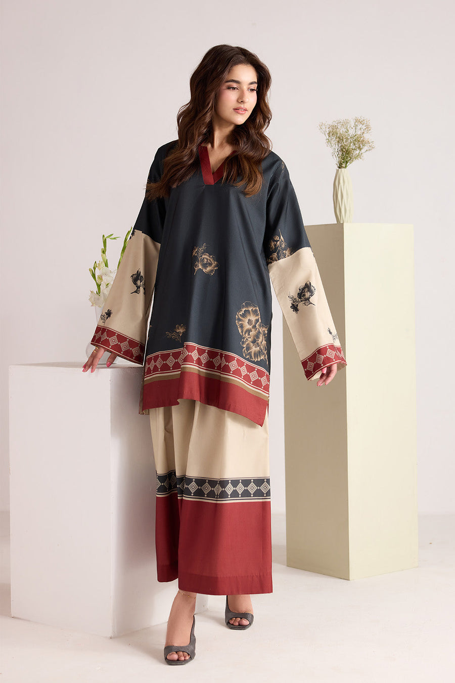 Black and Beige Printed Lawn Co-Ord Set with Wide-Leg Trousers