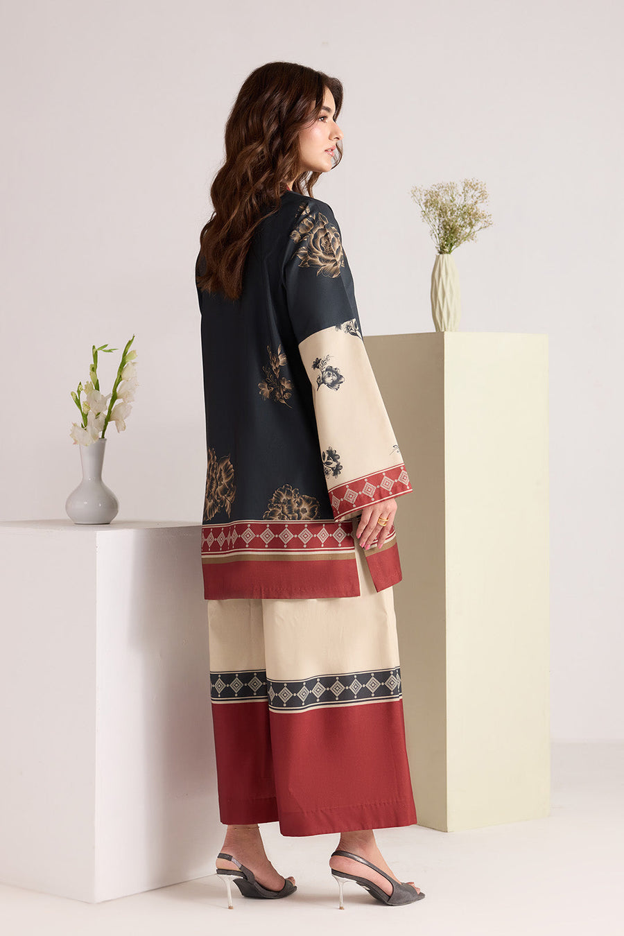 Black and Beige Printed Lawn Co-Ord Set with Wide-Leg Trousers