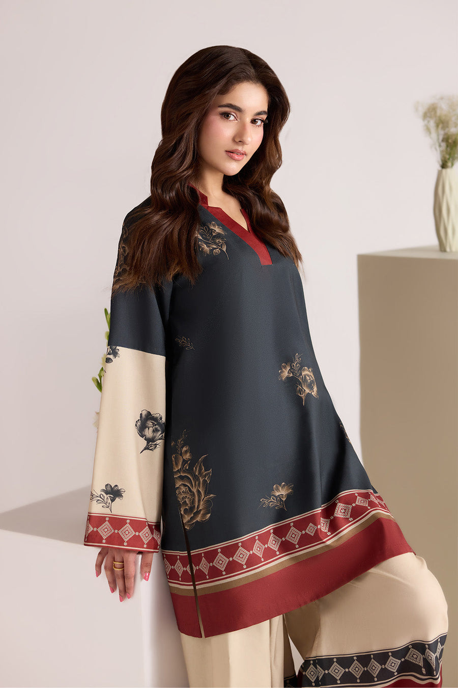 Black and Beige Printed Lawn Co-Ord Set with Wide-Leg Trousers