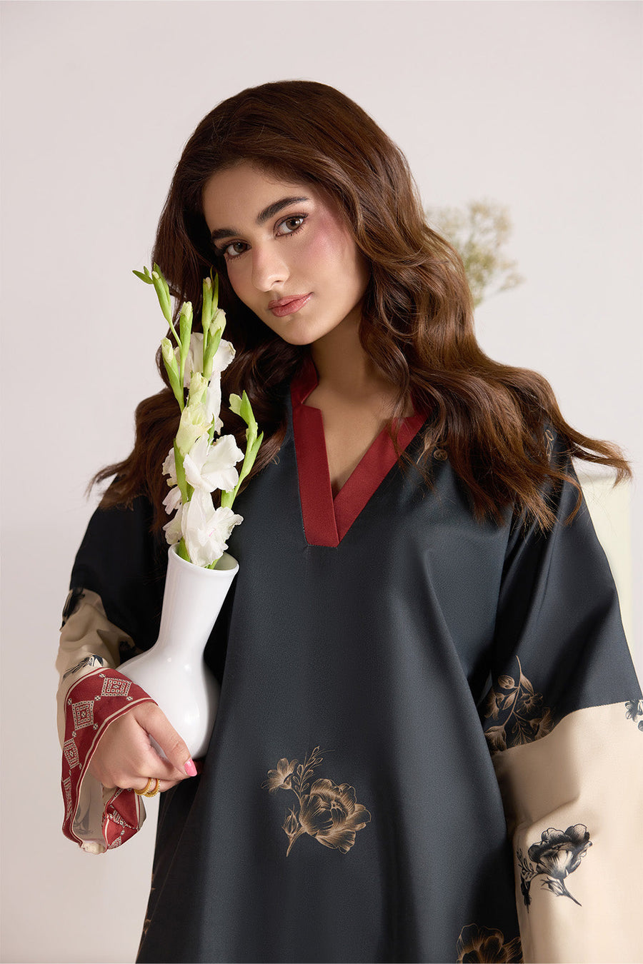 Black and Beige Printed Lawn Co-Ord Set with Wide-Leg Trousers