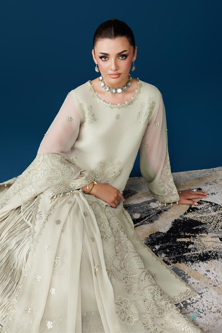 Portrait of model wearing embroidered chiffon dress showcasing delicate embroidery on neckline and sleeves