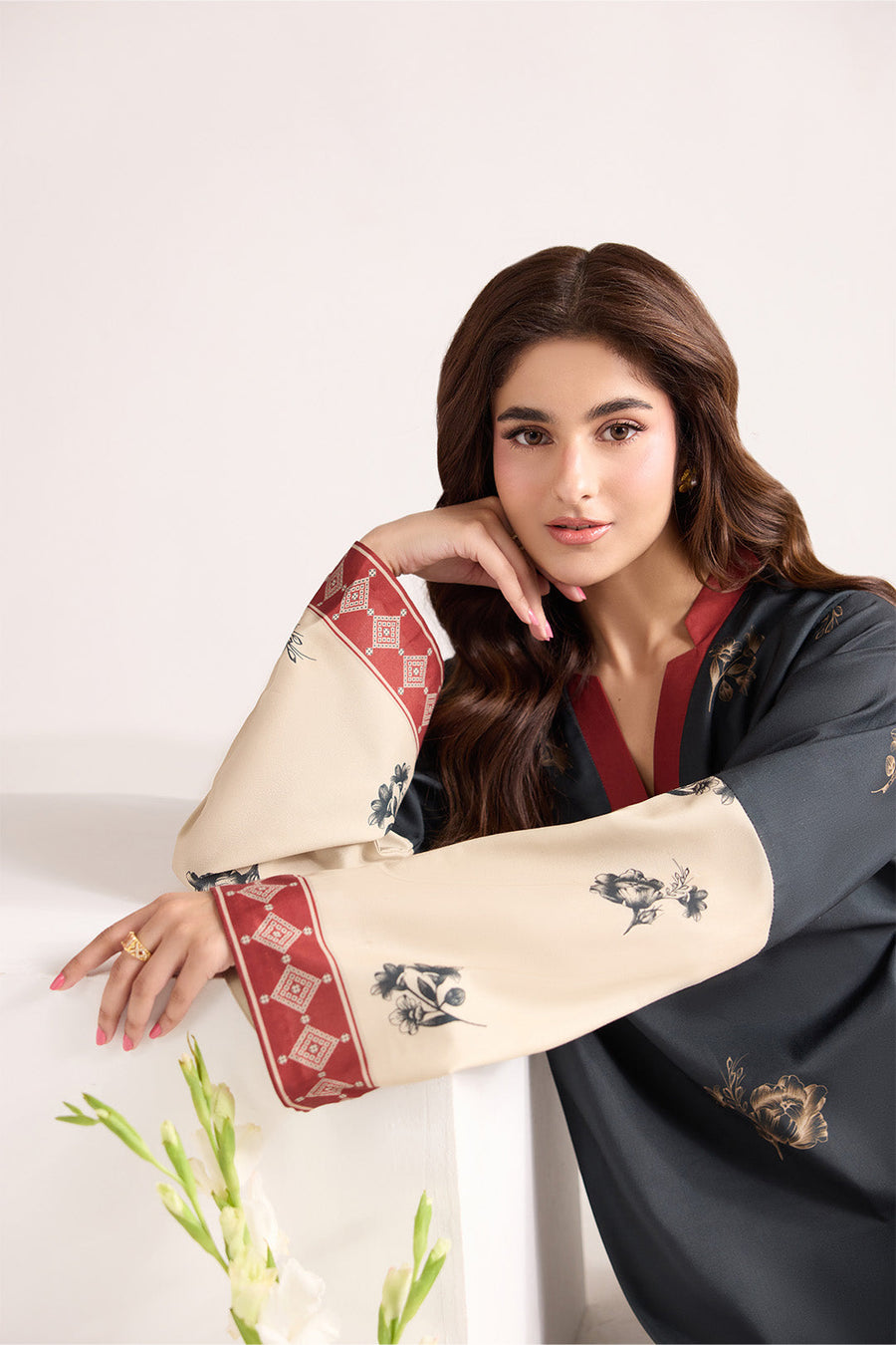 Black and Beige Printed Lawn Co-Ord Set with Wide-Leg Trousers