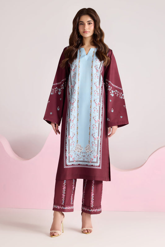 Maroon and Sky Blue Printed Poly Lawn Co-Ord Set with Straight Trousers