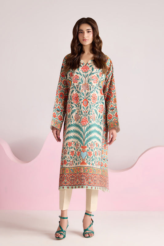 Ivory Multicolour Floral Printed Poly Lawn Suit with Plain Trousers