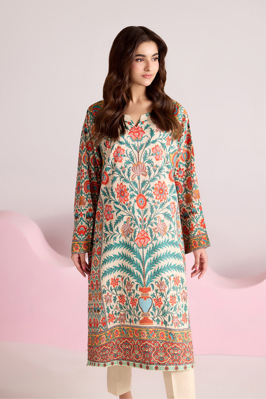 Ivory Multicolour Floral Printed Poly Lawn Suit with Plain Trousers