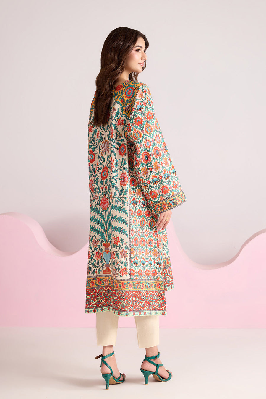 Ivory Multicolour Floral Printed Poly Lawn Suit with Plain Trousers