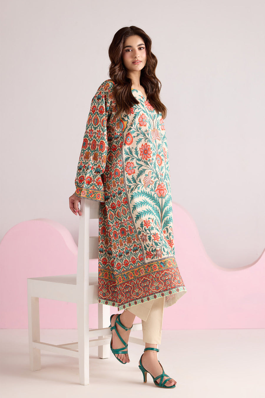 Ivory Multicolour Floral Printed Poly Lawn Suit with Plain Trousers