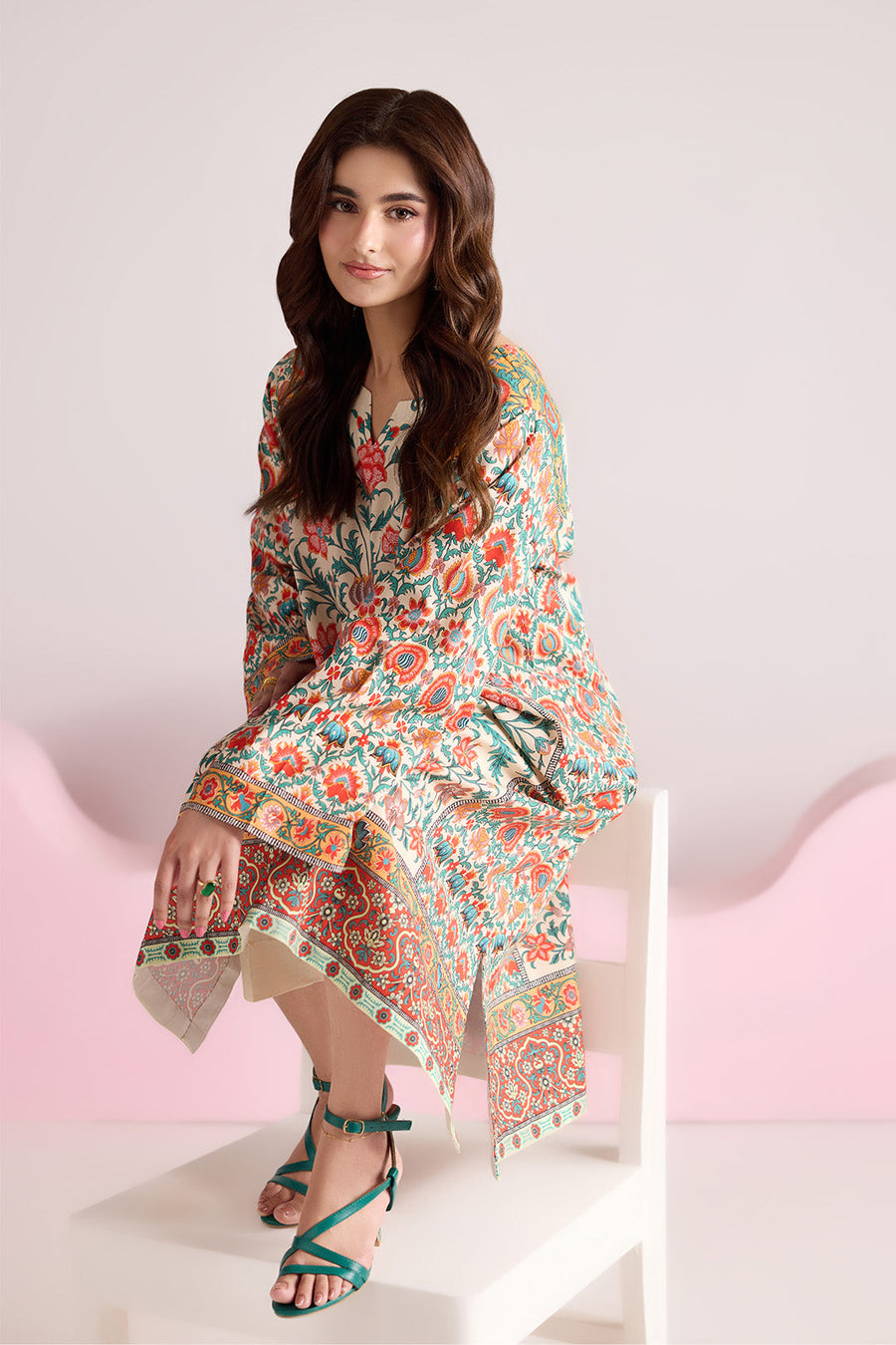 Ivory Multicolour Floral Printed Poly Lawn Suit with Plain Trousers