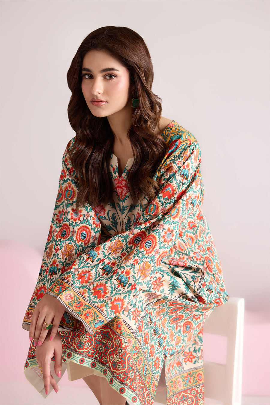 Ivory Multicolour Floral Printed Poly Lawn Suit with Plain Trousers