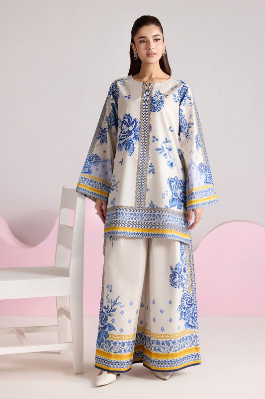 Ivory Blue Floral Printed Poly Lawn Co-Ord Set with Wide-Leg Trousers