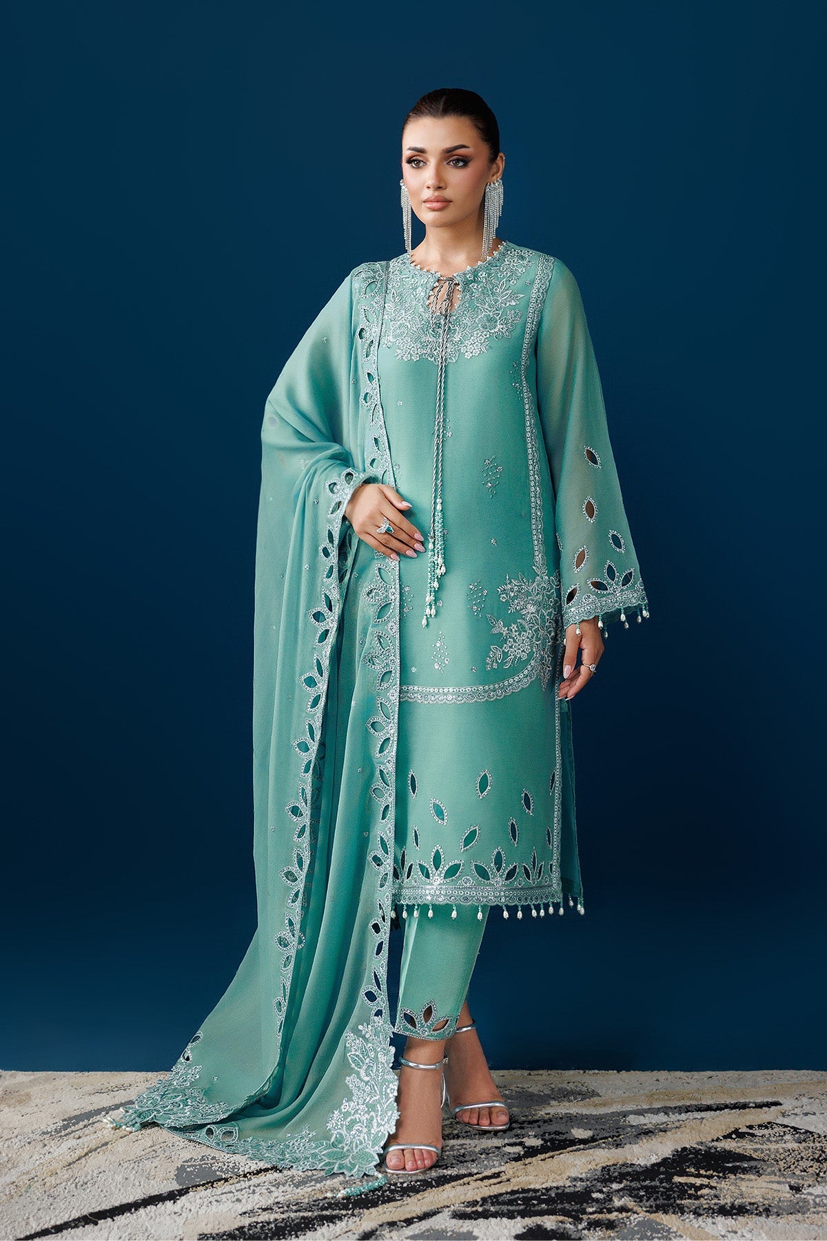 Teal Breeze – Luxury Laser-Cut Aqua Chiffon 3-Piece Formal Suit