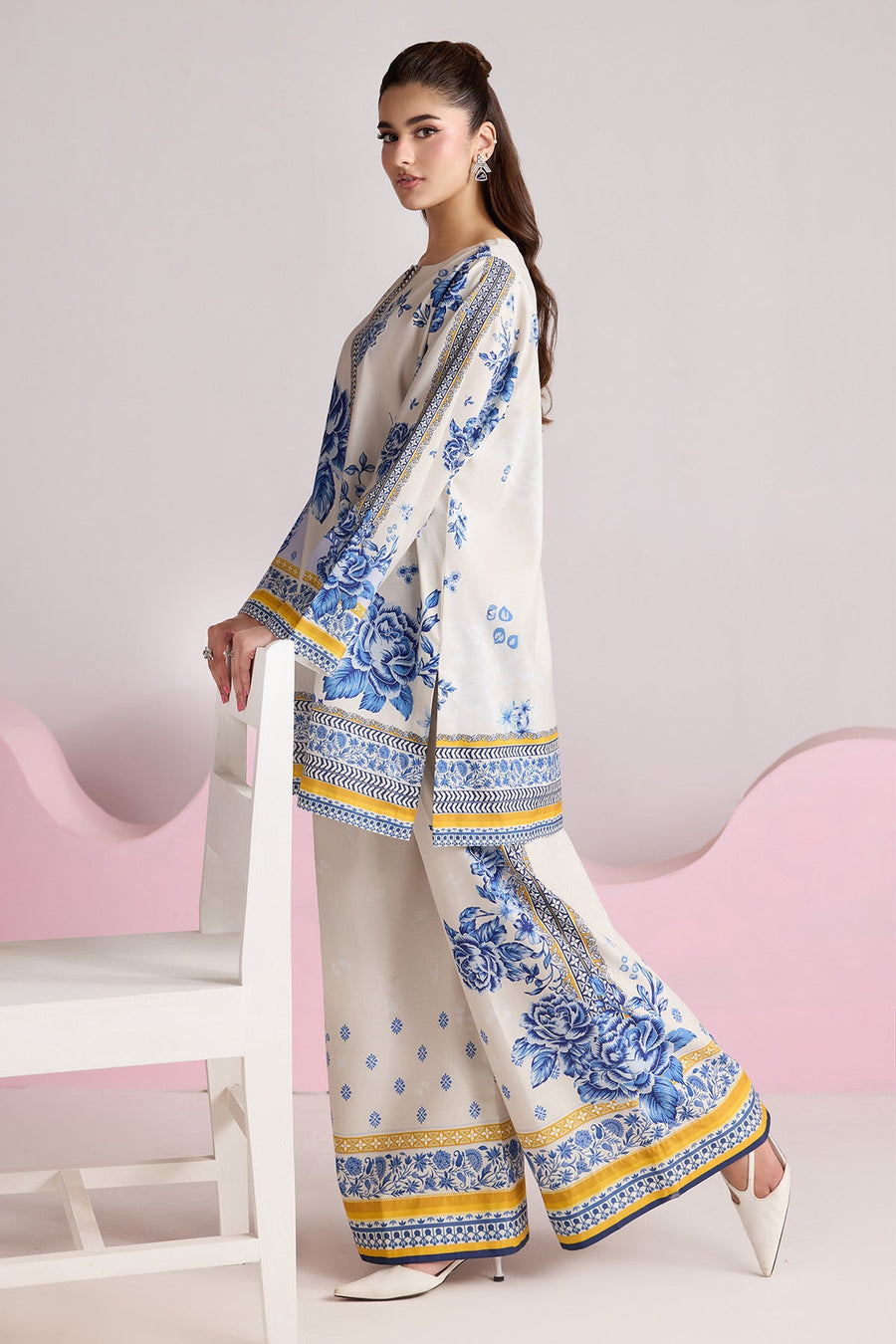 Ivory Blue Floral Printed Poly Lawn Co-Ord Set with Wide-Leg Trousers