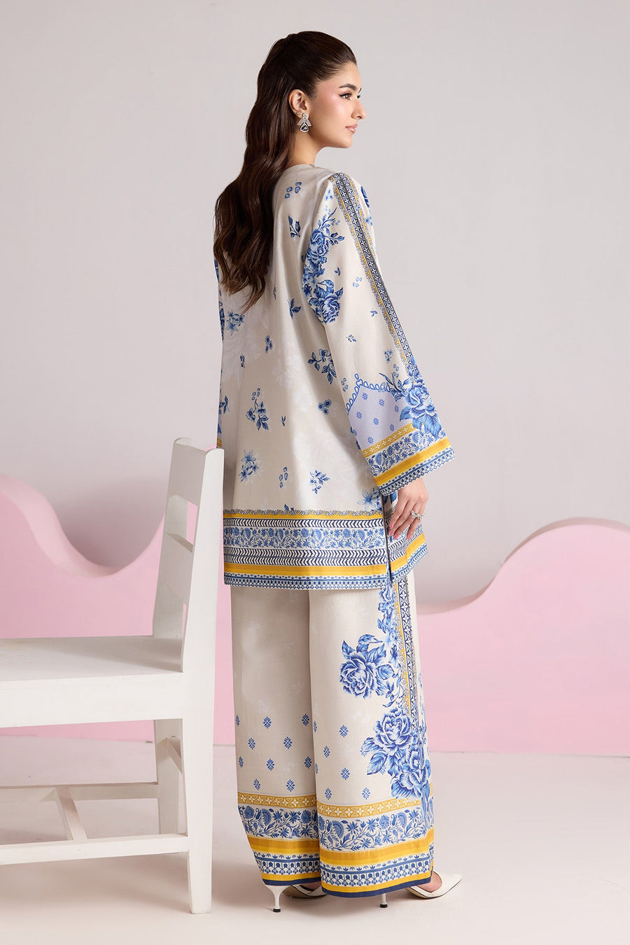 Ivory Blue Floral Printed Poly Lawn Co-Ord Set with Wide-Leg Trousers