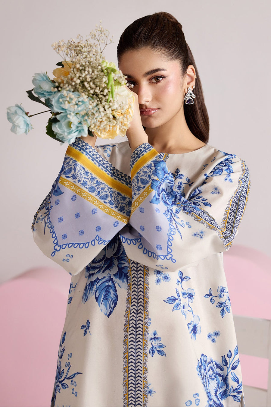 Ivory Blue Floral Printed Poly Lawn Co-Ord Set with Wide-Leg Trousers